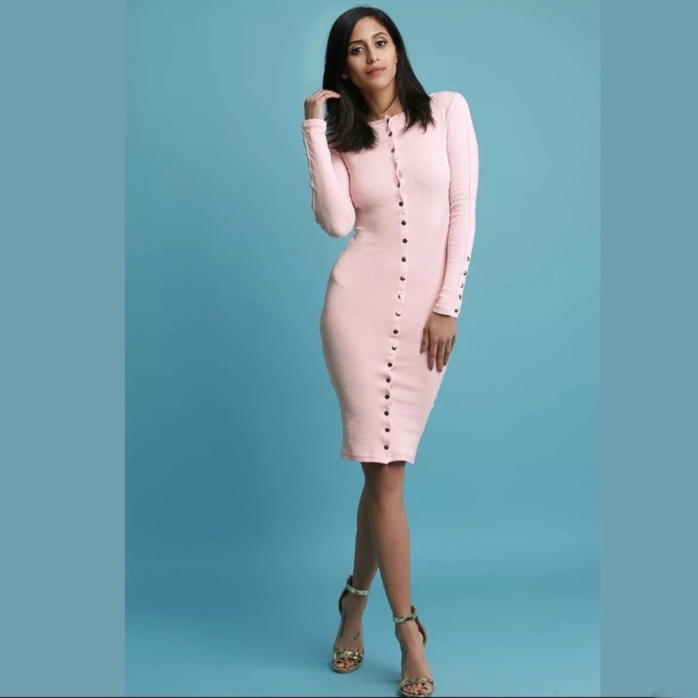 Fashion Nova Blush Ribbed Button Down Dress, sz Small